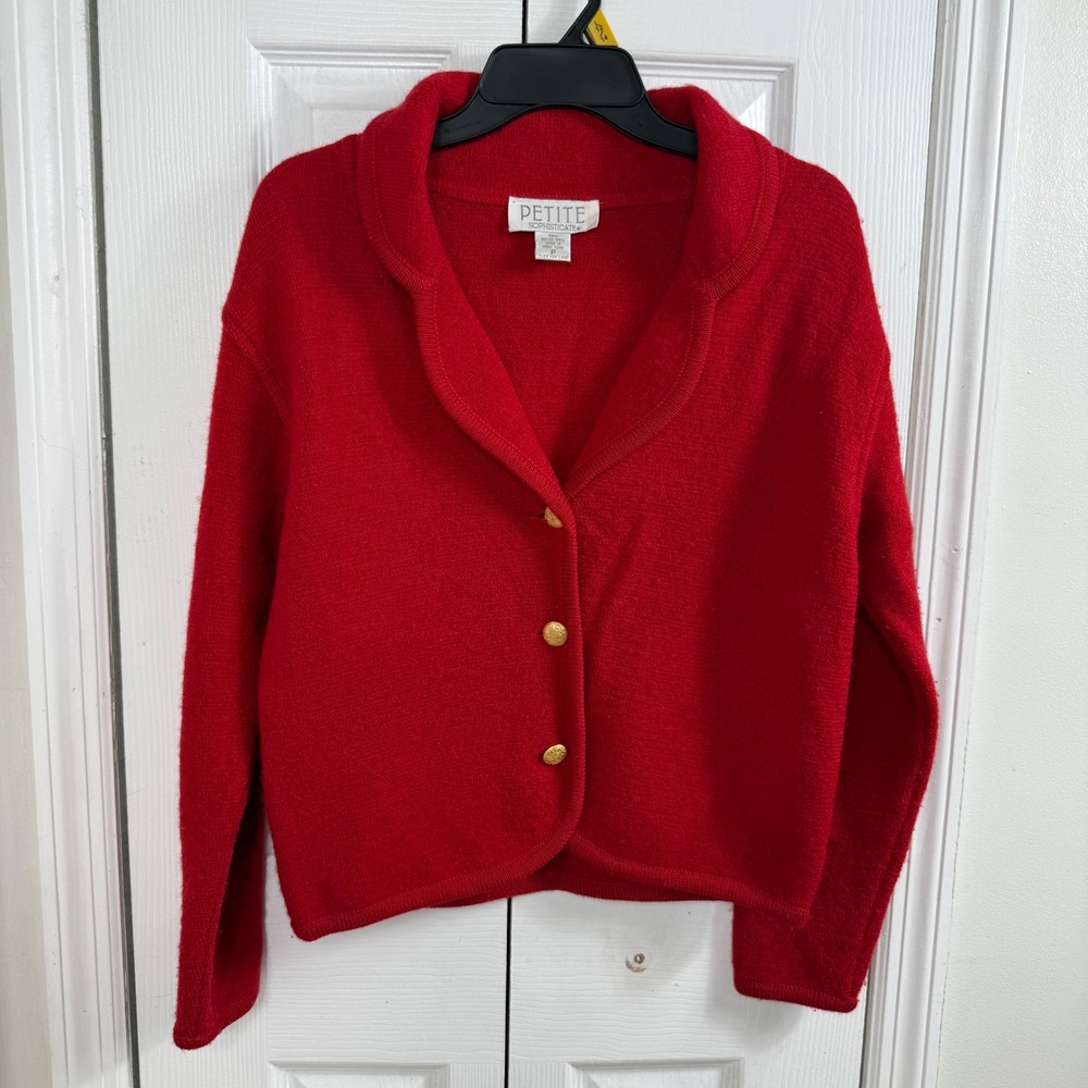 Vintage Petite Sophisticate Cardigan Womens P Red Boiled Wool Gold Buttons